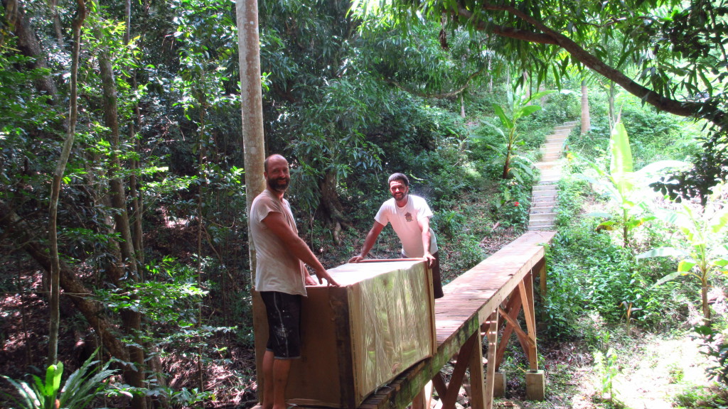 Britton and Waldemar on the bridge with fridge